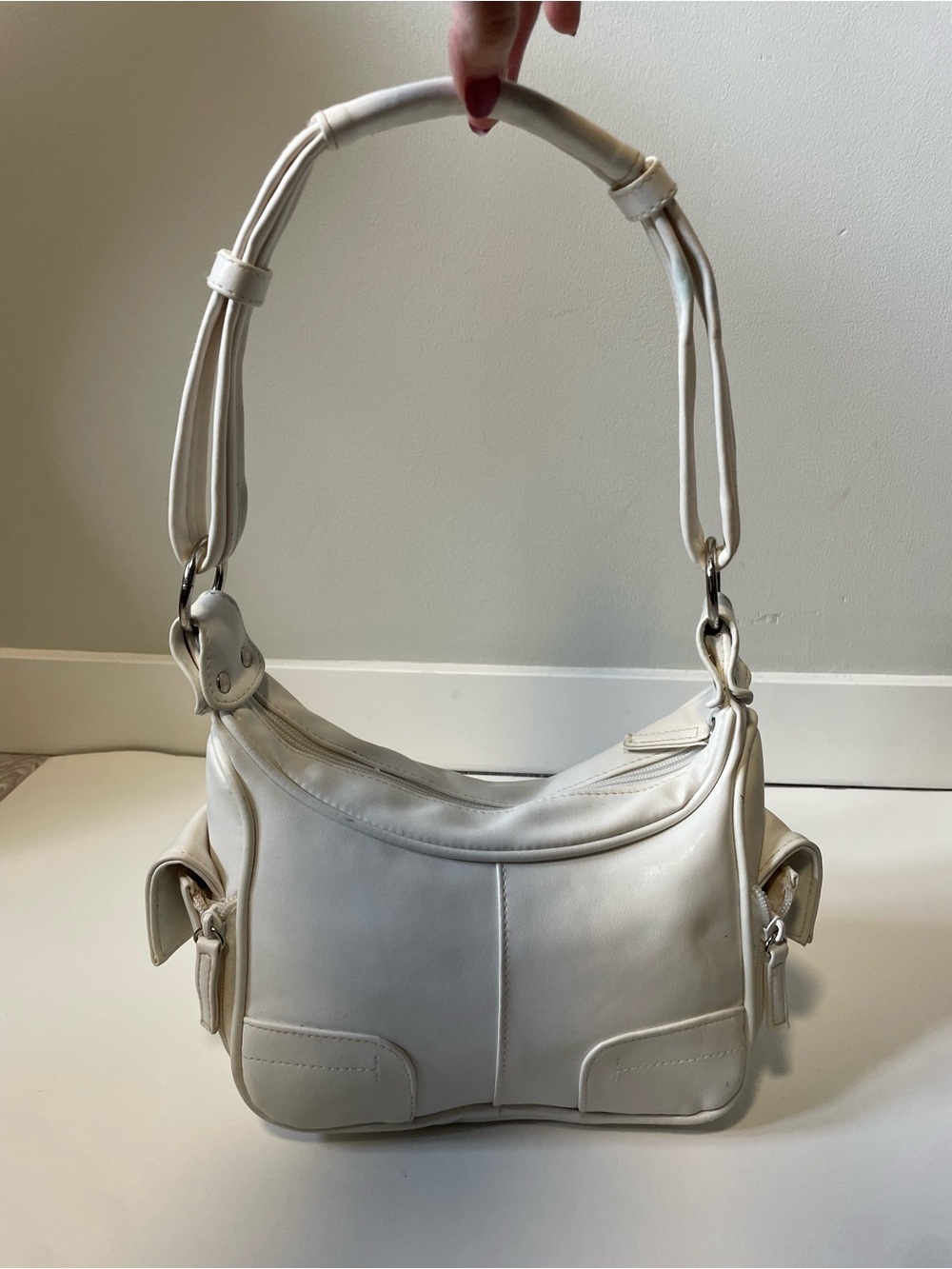 Y2K Vintage Tech Utility Shoulder Bag Purse White Faux Vegan Leather